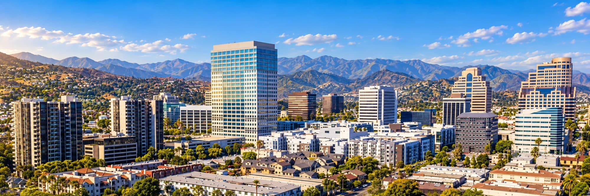 Glendale, California, skyline with office towers and the hills behind